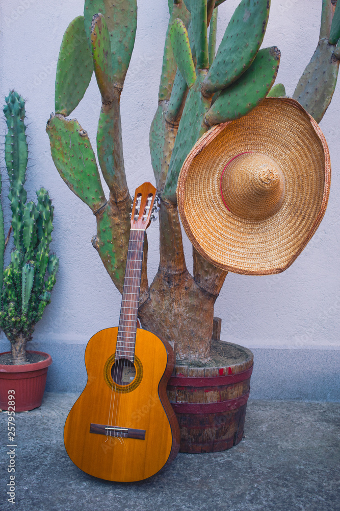 Cactus and guitar and sombrero as Mexican symbols. Cinco de Mayo