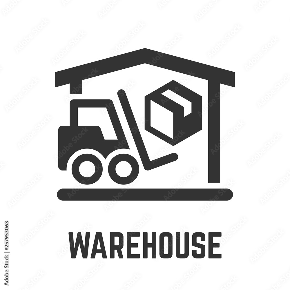 Warehouse icon with delivery service sign: storage, forklift and package glyph symbols.