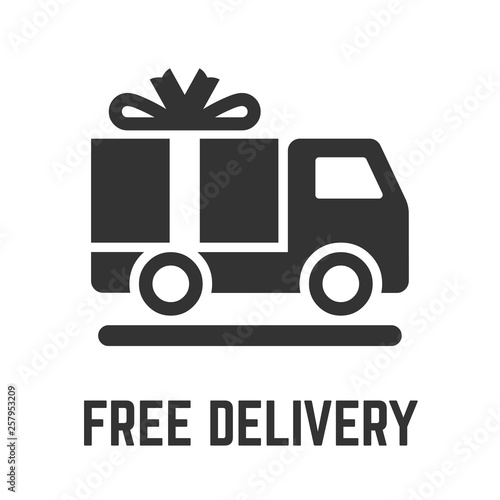 Free delivery truck icon with cargo freight lorry vehicle and gratis gift box glyph symbol.