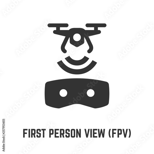 First person view FPV glyph icon with video piloting wireless UAV drone and virtual reality glasses sign.