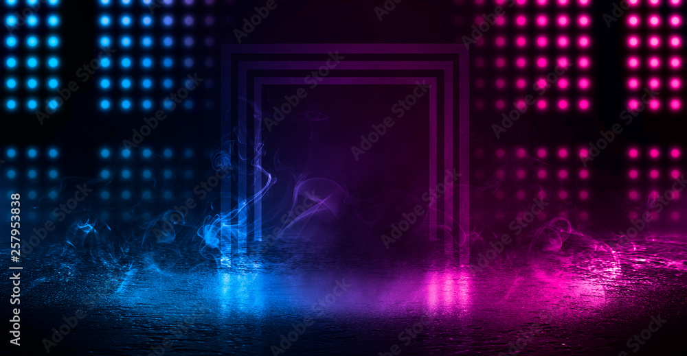Background of empty dark scene, room with neon lights. Concrete floor, neon blue and pink light, smoke