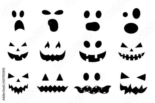 Vector set of Halloween pumpkin faces isolated on white background. Jack-o-lantern. Scary Halloween ghost faces. Pumpkin smiley faces. Vector