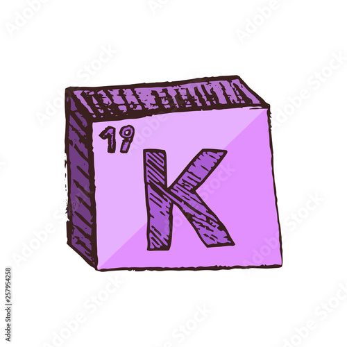 Vector three-dimensional hand drawn chemical violet symbol of potassium or kalium with an abbreviation K from the periodic table of the elements isolated on a white background.