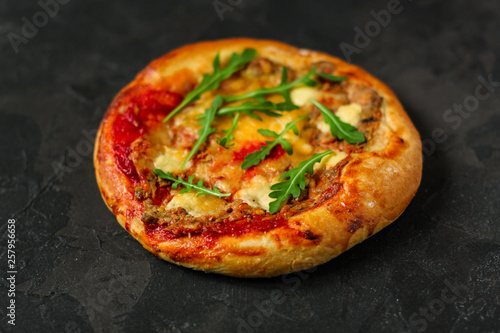  pizza, mushrooms, chicken, tomato sauce, cheese, arugula (pizza ingredients). hot pizza. Top view. copy space