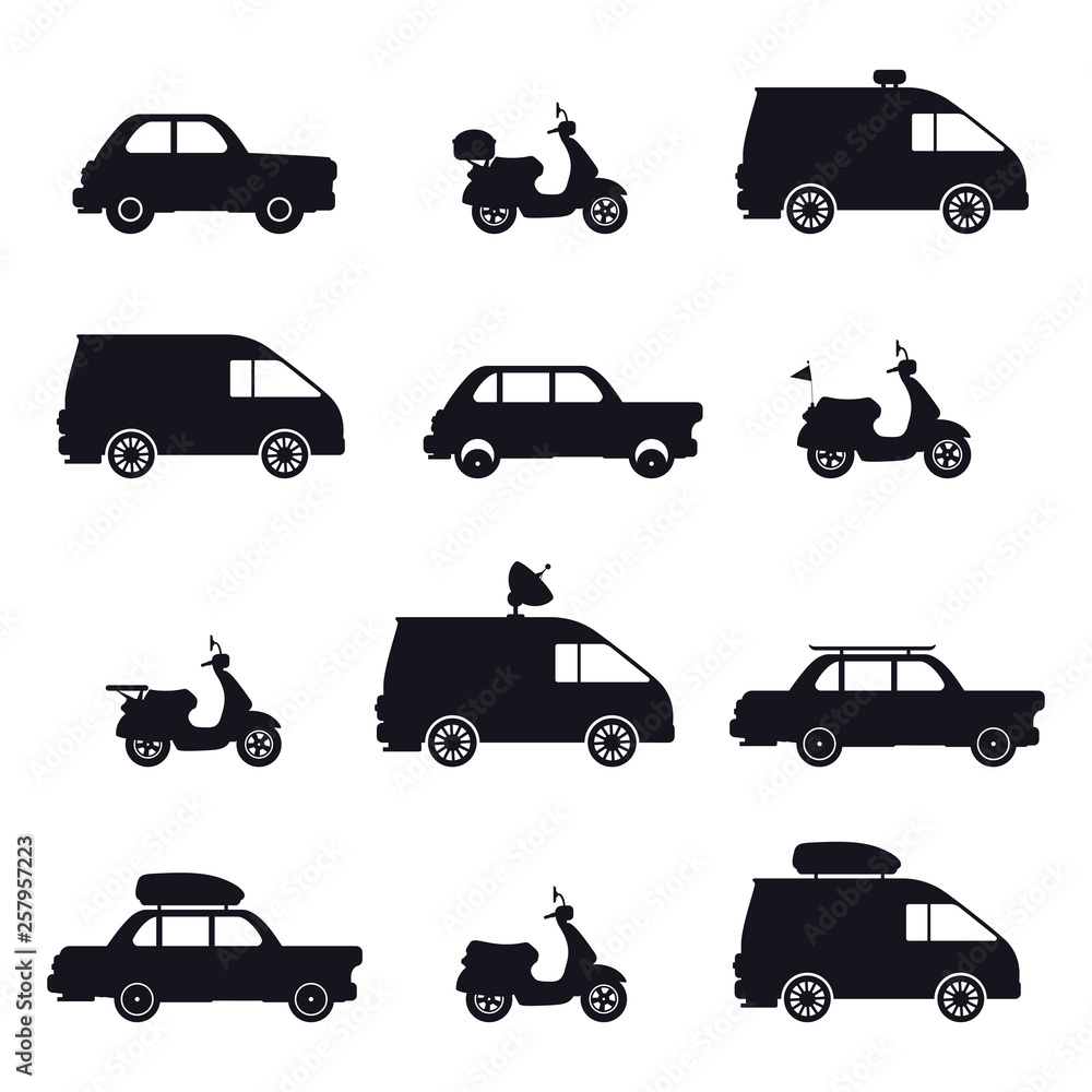 Silhouette of car and minibus, scooter and auto Silhouette of car and minibus, scooter and auto