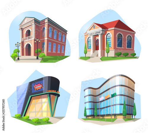 Cinema and library, modern building and theater.