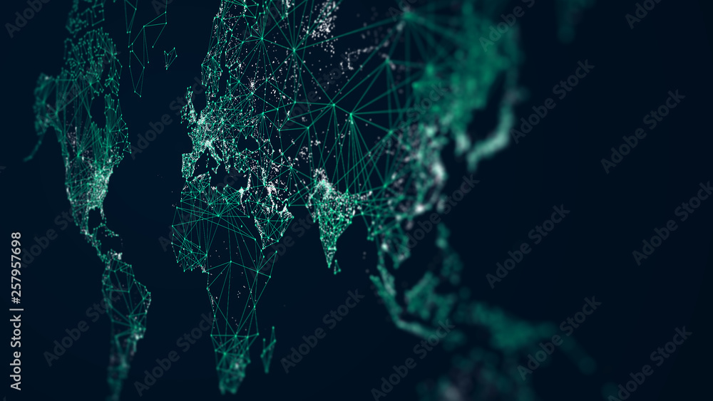 World map abstract internet connection, light urban communications, monitor screen in perspective World map abstract internet connection, light urban communications, monitor screen in perspective