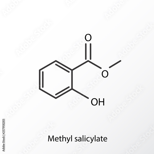 Methyl salicylate (wintergreen oil) molecule. Acts as rubefacient. Used as flavoring agent and fragrance. Skeletal formula.