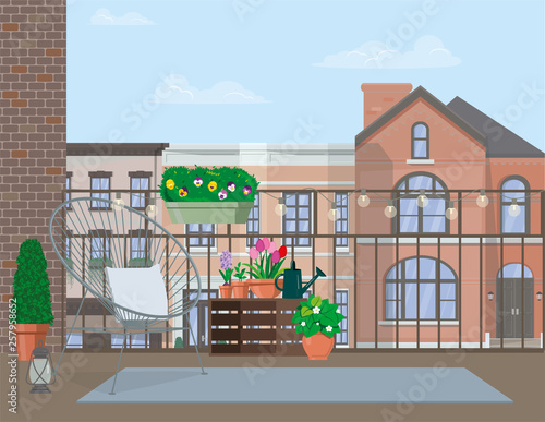 Vector flat illustration. Garden furniture on the balcony decorated with pots of flowers.