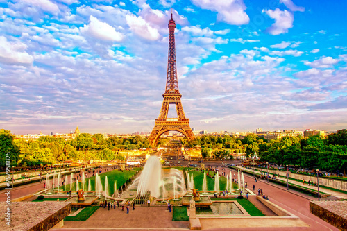 Eiffel Tower and fountain at Jardins du Trocadero at sunset in Paris, France. Travel background © MarinadeArt