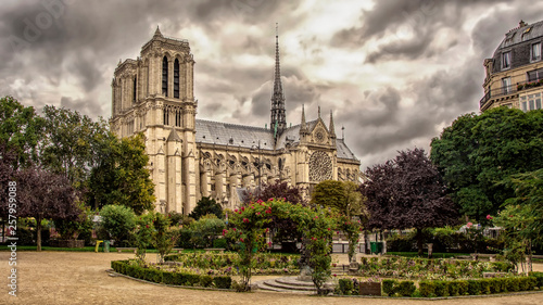 View of the Cathedral of Notre Dame de Paris from old city park before the storm. Paris, France.