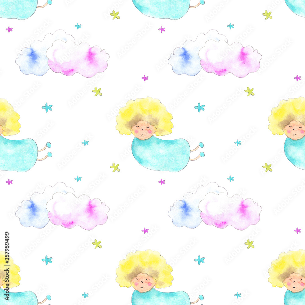 Angel girl, clouds and stars pattern