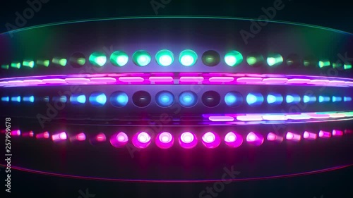 Looping background light installation glowing with futuristic, metal and pulsating neon lights.  Use in music videos, tv, film, editing, live visuals, VJ loops, shows, or art.