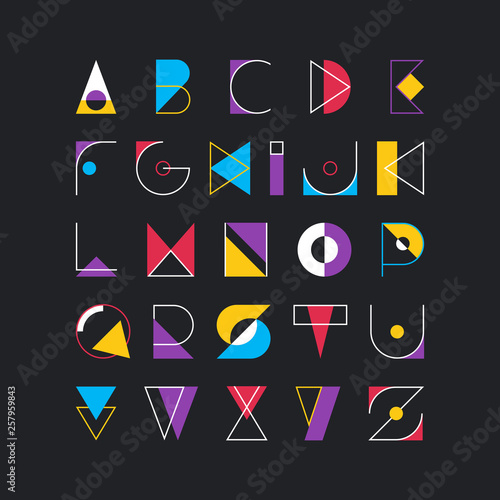 Geometrical latin font, pop art graphical decorative type.