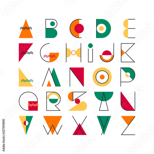 Geometrical latin font, pop art graphical decorative type.