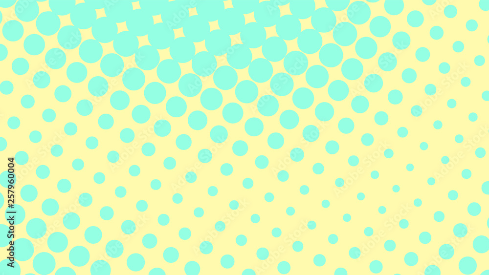 Yellow pop art background with turquoise halftone dots design, abstract vector illustration in retro comics style