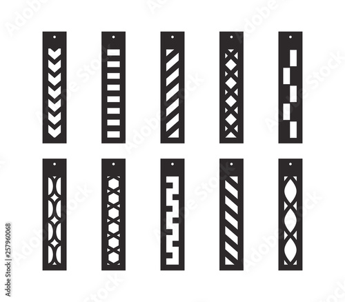 Bar drop earrings with pattern. Long pendant. Ornamental long fringe earrings. Laser cut template. Earrings with hole. Jewelry making. Vector