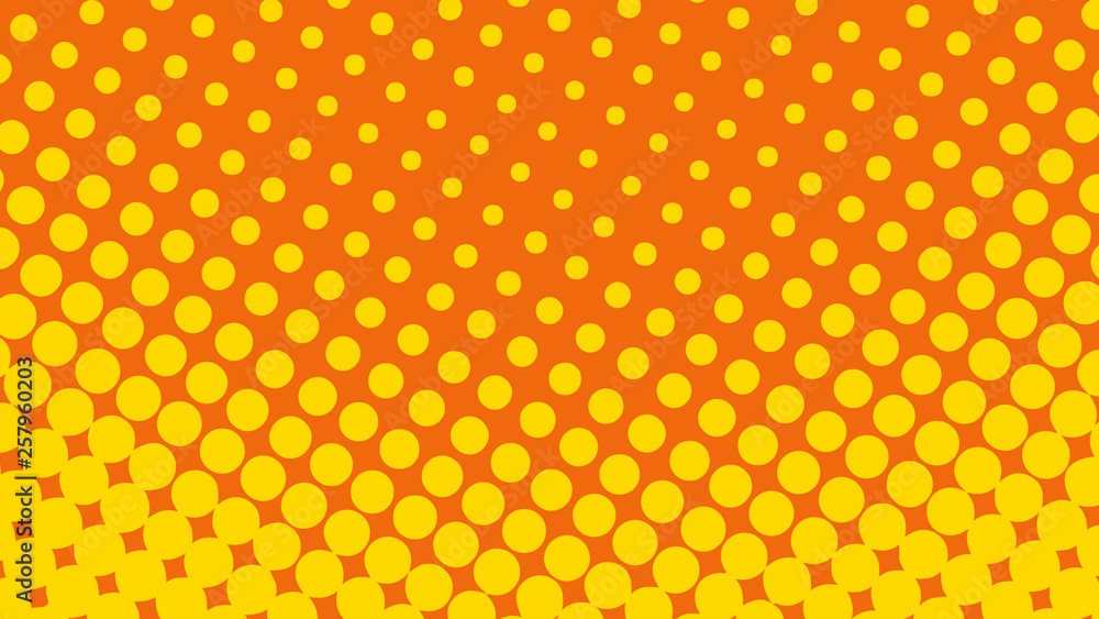 Orange and yellow pop art background in comics style with halftone dots design, vintage kitsch vector backdrop with isolated dots Orange and yellow pop art background in comics style with halftone dots design, vintage kitsch vector backdrop with isolated dots