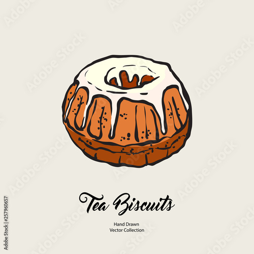 Bundt pound cake gravy isolated hand drawn vector line illustration old style. Vector tea chocolate biscuit pie cooking logo, packaging design, cafe menu, banner, flayer, coffee shop retro hand drawn.