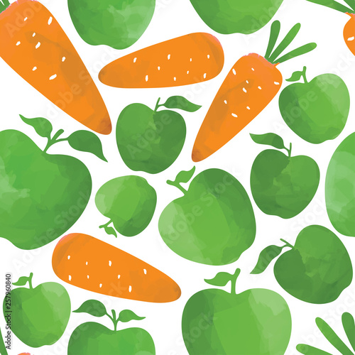 Bright vegan seamless pattern. Fresh cute food background. Colorful backdrop, wrapping white isolated