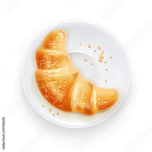 Croissant on plate. Traditional french baked goods. Bake product for lunch, breakfast. Cook presentation. Yummy sweet food. Crimp tasty dessert. Vector illustration.