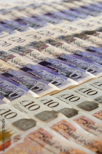 Closed up of pound sterling banknotes. United Kingdom currency