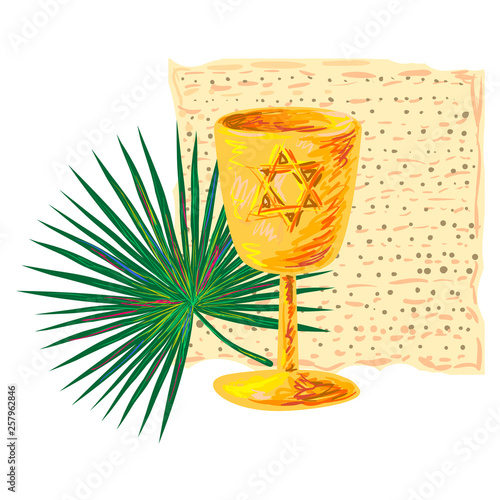 Happy Passover background traditional matza and wine gold cup, palm leaf symbols of Jewish holiday