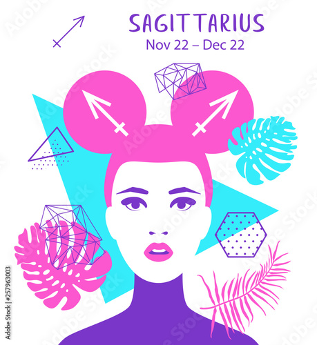 Sagittarius zodiac sign. Girl vector illustration. Astrology zodiac profile. Astrological sign as a beautiful women. Future telling, horoscope, alchemy, spirituality, occultism, fashion