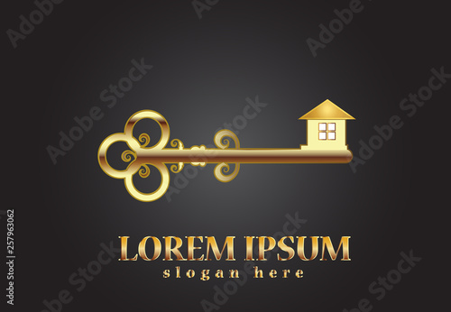 Gold key house logo vector