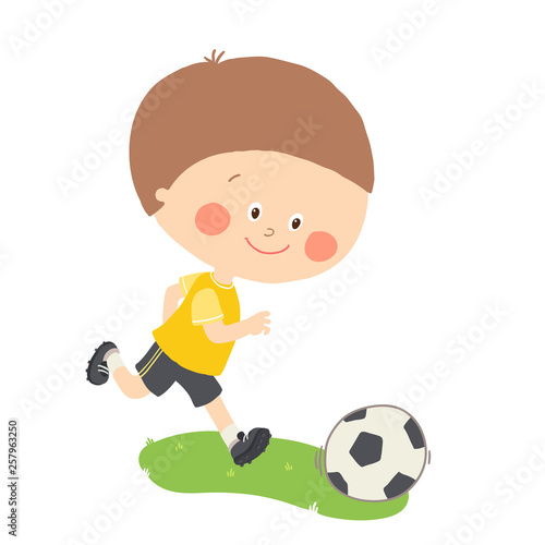 Little boy playing soccer. Child kicking football. Cute happy kid playing with a ball. Cartoon vector eps 10 illustration on white background.