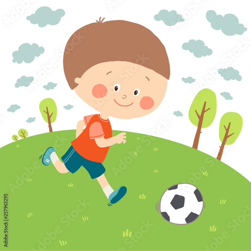 Little boy playing soccer on the football field. Child kicking football. Cute happy kid playing with a ball. Cartoon vector eps 10 illustration on white background.