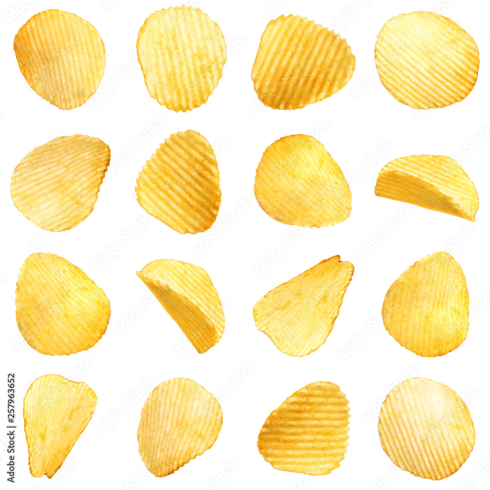 Set of tasty ridged potato chips on white background Set of tasty ridged potato chips on white background