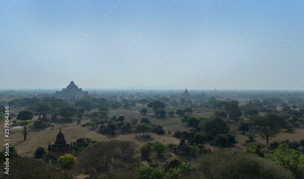 Beautiful panoramic view of the Bagan temples and pagodas in morning mist, Myanmar.