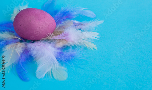 Purple easter egg on a blue color background with a copy space.