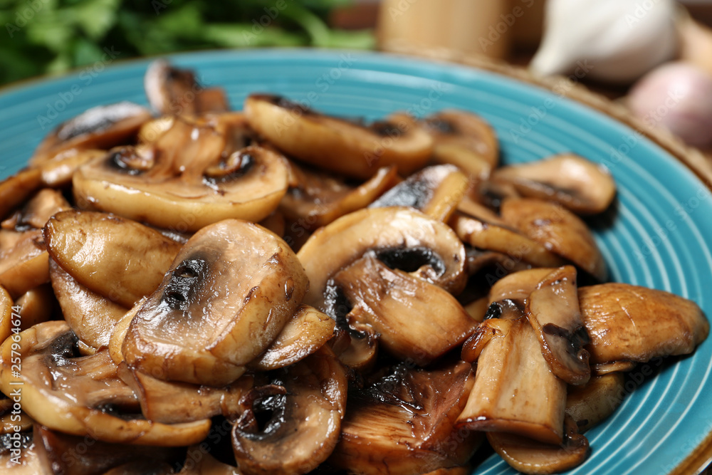 Plate of tasty fried mushrooms, closeup view