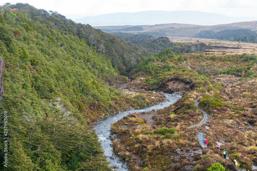Hikers on Trail along Wairere Stream at Tongariro National Park in New Zealand