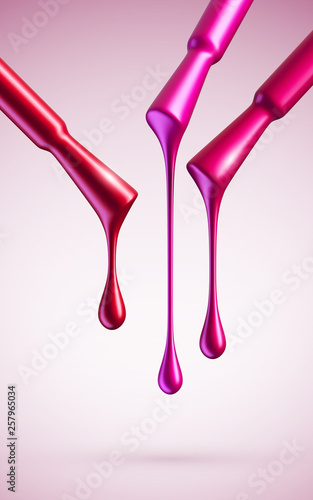 Pink and red nail polish dripping from brushes