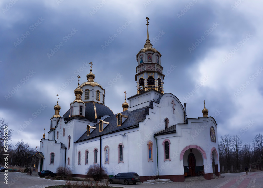 Holy Trinity Cathedral in Kramatorsk, cloudy day, March.