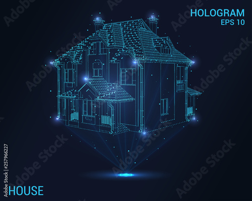 Hologram house. Digital and technological background of the cottage. The futuristic design of the building.