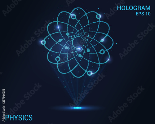 Physics of the hologram. Digital and technological background atoms. Futuristic physics design.
