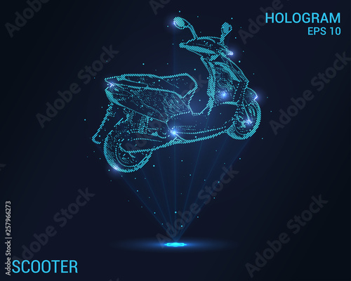 Scooter hologram. Digital and technological background moped. The futuristic design of the motorcycle.