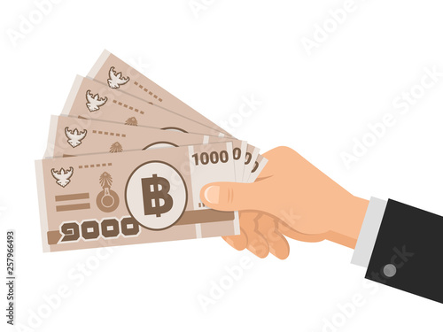 Hand holds money thai baht 1000 banknotes. One thousand THB. Business concept. Isolated on white background. Flat style. Vector illustration.