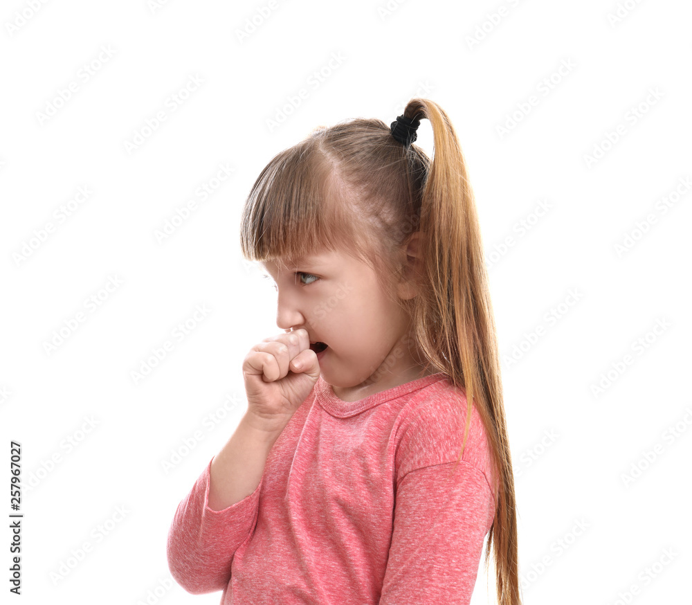 Cute little girl coughing against white background Cute little girl coughing against white background