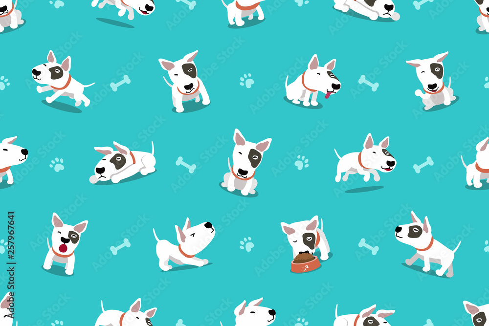 Vector cartoon character bull terrier dog seamless pattern for design.