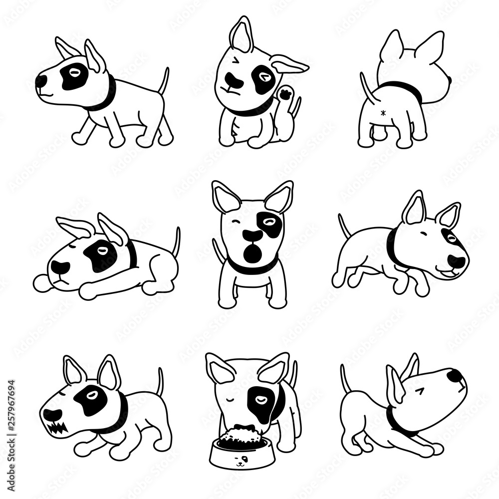 Fototapeta Cartoon character bull terrier dog poses for design.