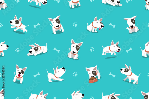 Vector cartoon character bull terrier dog seamless pattern for design.
