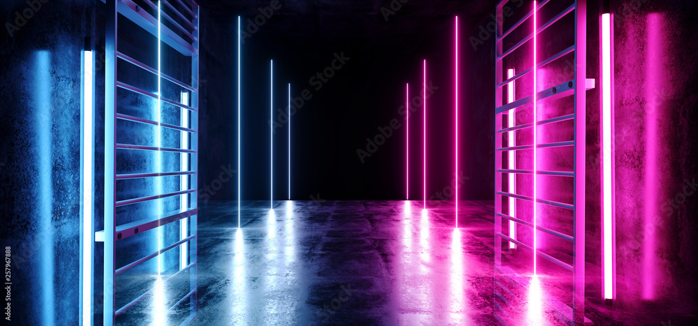 Sci Fi Neon Glowing Purple Blue Vibrant Virtual Reality Cyber Laser Show Stage Long Concrete Tunnel Corridor Underground Garage Hall Structure Metal Ship 3D Rendering