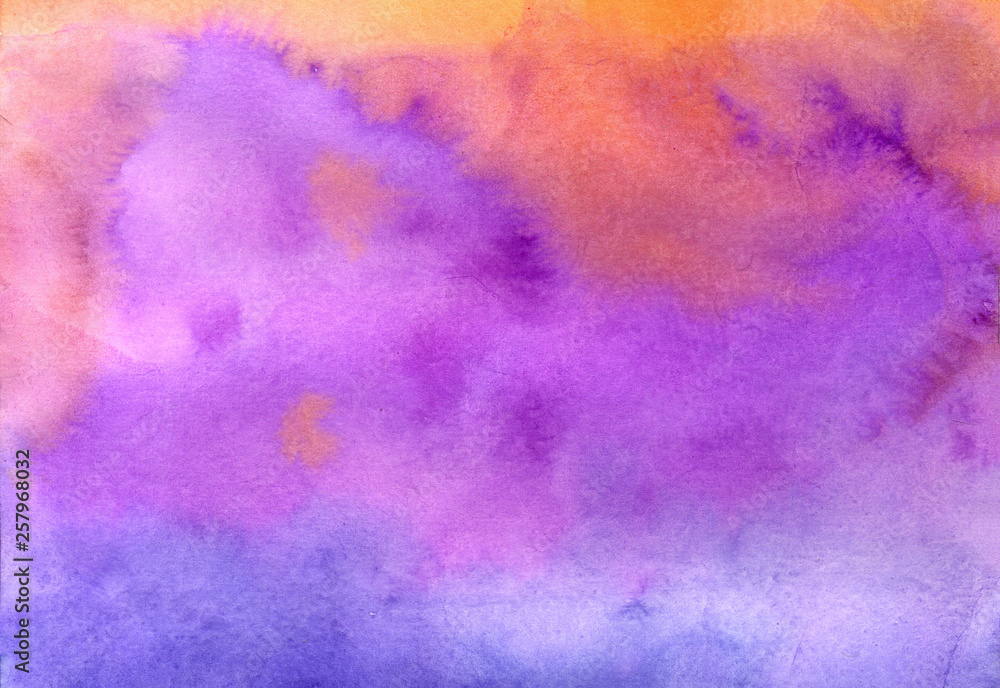 Abstract purple watercolor hand-drawn brush strokes. Brightly colored background.