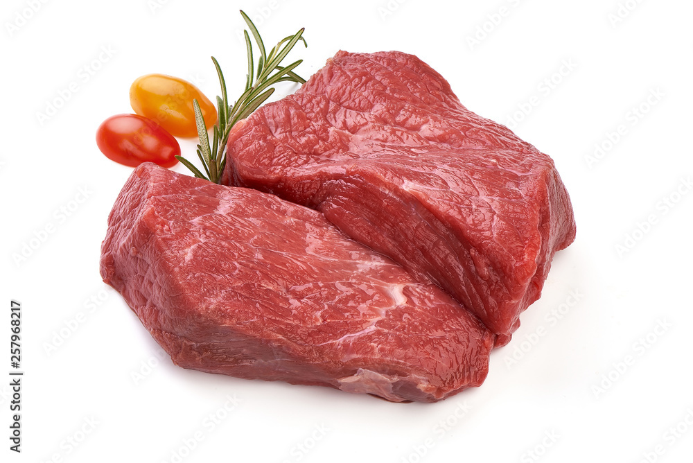 Raw beef for grill, BBQ or cooking, sliced fresh meat, close-up, isolated on white background Raw beef for grill, BBQ or cooking, sliced fresh meat, close-up, isolated on white background