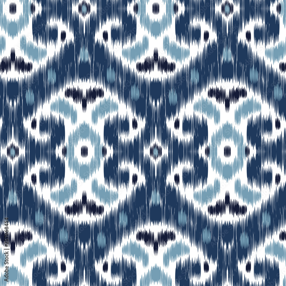 Blue Ikat Ogee and Damascus ornament Seamless Background Pattern In the style of the Tapestry. Abstract background for textile design, wallpaper, surface textures